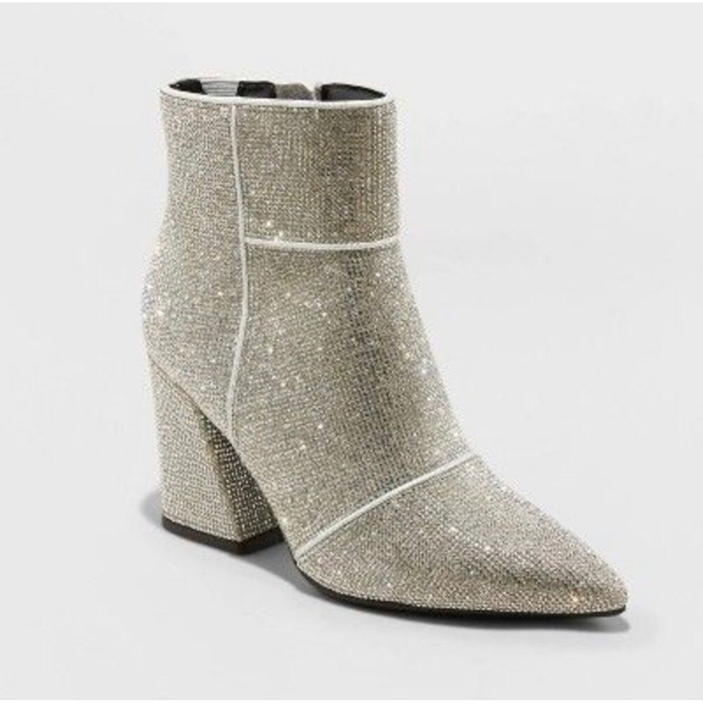 A New Day Cailin Ankle Boots Womens 10W Silver Rhinestone Block Heel Sparkly